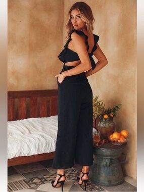 NWT Hello Molly Cotton Ruffle Sleeveless Tie Waist Jumpsuit in Black Size Small